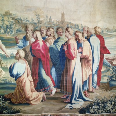 Wandteppich, der die Taten der Apostel darstellt, die Berufung des Heiligen Paulus (Detail der Apostel), gewebt in der Beauvais-Werkstatt unter der Leitung von Philippe Behagle (1641-1705), 1695-98 von Raffaello Sanzio Raphael